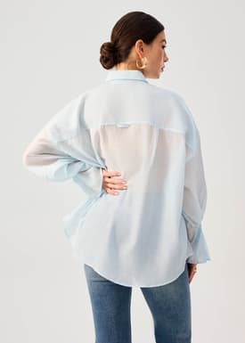 Oversized Sheer Lyocell Collared Poet Sleeve Blouse