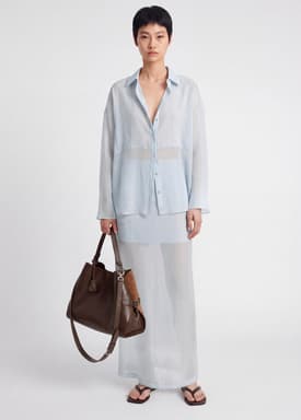 Oversized Sheer Lyocell Collared Poet Sleeve Blouse