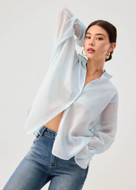 Oversized Sheer Lyocell Collared Poet Sleeve Blouse