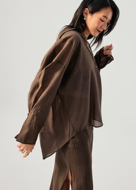 Oversized Sheer Lyocell Collared Poet Sleeve Blouse