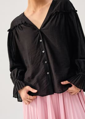 Relaxed Ruffle Trim Lyocell V-neck Long Blouse