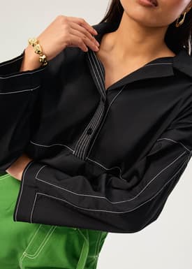 Relaxed Contrast Stitch Cotton Collared Shirt