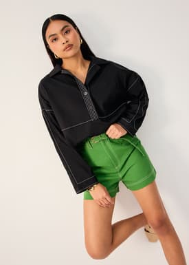 Relaxed Contrast Stitch Cotton Collared Shirt