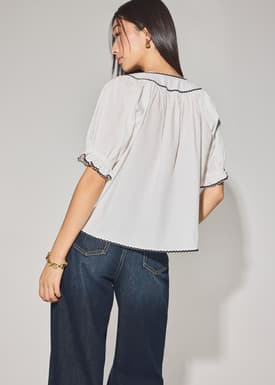 Relaxed Cotton Scallop Trim Puff Sleeve Blouse