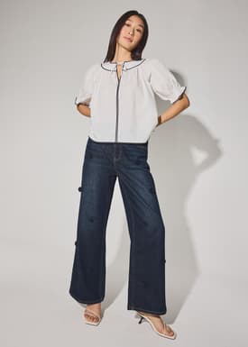 Relaxed Cotton Scallop Trim Puff Sleeve Blouse