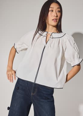 Relaxed Cotton Scallop Trim Puff Sleeve Blouse