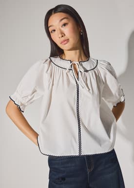 Relaxed Cotton Scallop Trim Puff Sleeve Blouse