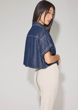 Denim Contrast Stitch Boxy Button Down Shirt