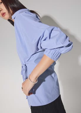 Striped Cotton Collared Puff Sleeve Button Down Top