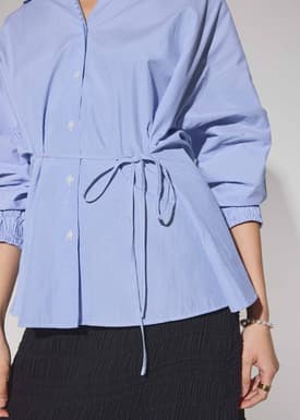 Striped Cotton Collared Puff Sleeve Button Down Top