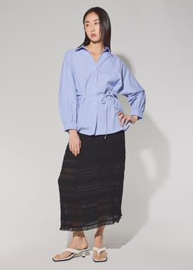 Striped Cotton Collared Puff Sleeve Button Down Top