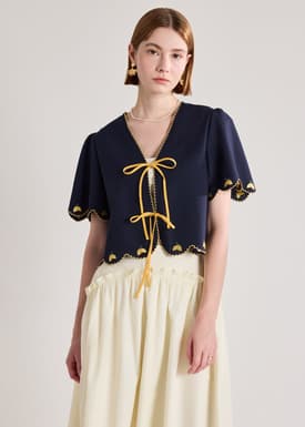 Embroidered Ribbon Tie Blouse