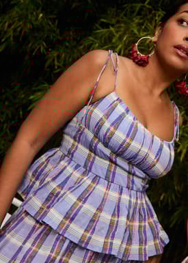 Crinkled Plaid Sweetheart Peplum Camisole Top