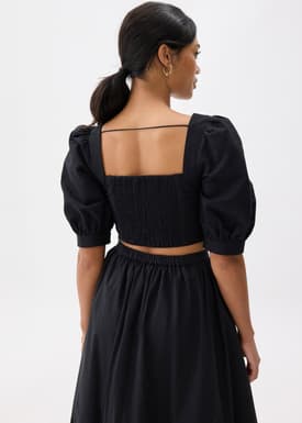 Cotton Puff Sleeve Fitted Crop Top