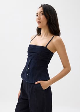 Denim Pleated Bustier Top