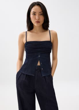 Denim Pleated Bustier Top