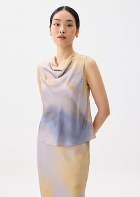 Abstract Satin Cowl Neck Shell Top