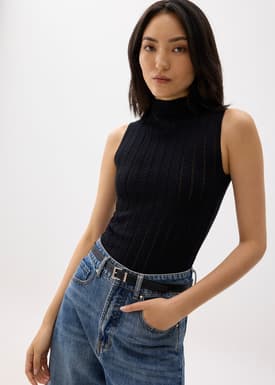 Sheer Mock Neck Fitted Knit Top
