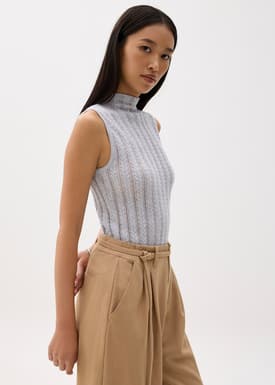 Sheer Mock Neck Fitted Knit Top