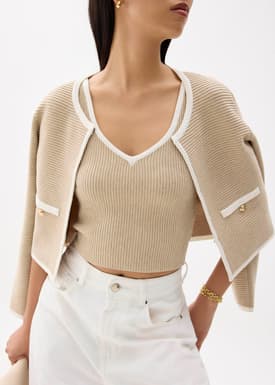 Contrast Knit V-neck Fitted Crop Top