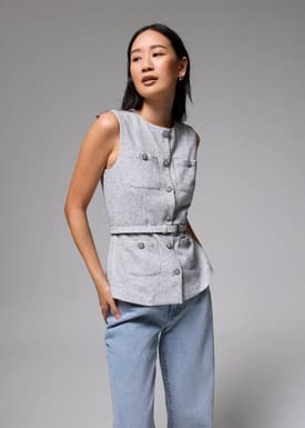 Belted Tweed Button Down Top