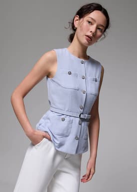 Belted Tweed Button Down Top