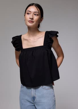 Elastic Straight Neck Ruffle Sleeve Top