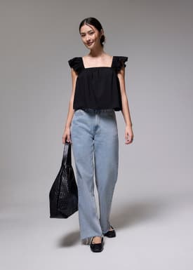 Elastic Straight Neck Ruffle Sleeve Top