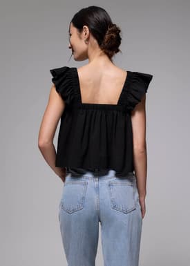 Elastic Straight Neck Ruffle Sleeve Top
