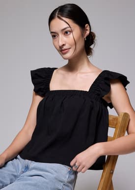 Elastic Straight Neck Ruffle Sleeve Top