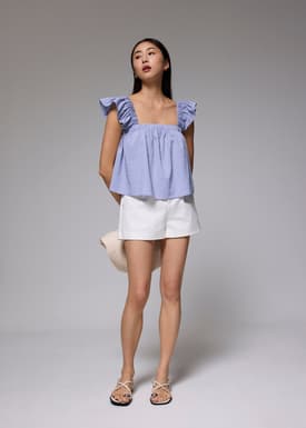 Elastic Straight Neck Ruffle Sleeve Top