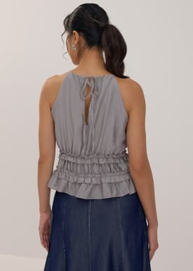 Crinkled Sheer Peplum Halter Top