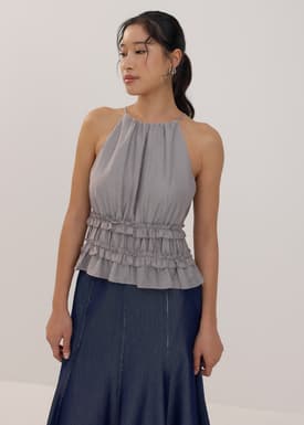 Crinkled Sheer Peplum Halter Top