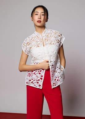 Relaxed Lace Mandarin Collar Top