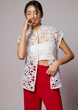 Relaxed Lace Mandarin Collar Top