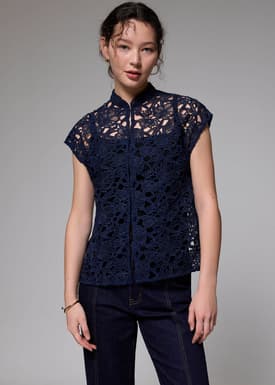Relaxed Lace Mandarin Collar Top