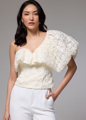 Padded Lace Asymmetric Puff Sleeve Top