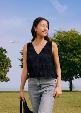 Crinkled Boxy V-Neck Top
