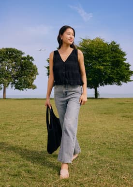 Crinkled Boxy V-Neck Top