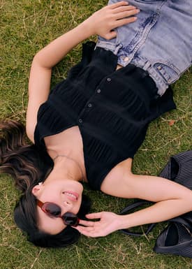 Crinkled Boxy V-Neck Top