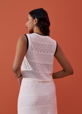 Pointelle Contrast Knit V-neck Crop Shell Top