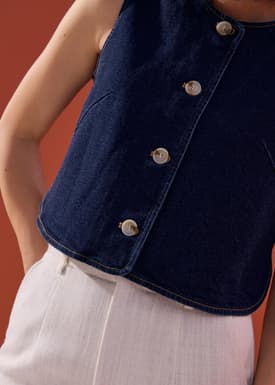 Relaxed Denim Round Neck Button Down Vest Top