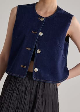 Relaxed Denim Round Neck Button Down Vest Top