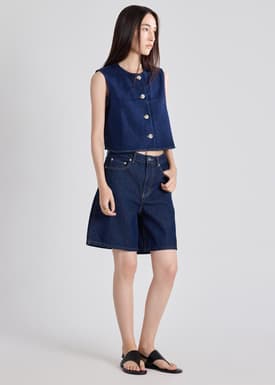 Relaxed Denim Round Neck Button Down Vest Top
