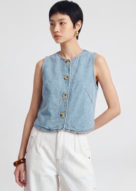 Relaxed Denim Round Neck Button Down Vest Top