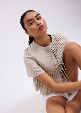 Oxford Pintuck Notched Peplum Top