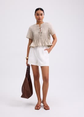 Oxford Pintuck Notched Peplum Top