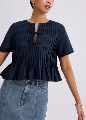 Oxford Pintuck Notched Peplum Top