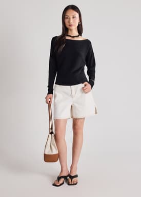 Knit Asymmetric Puff Sleeve Top