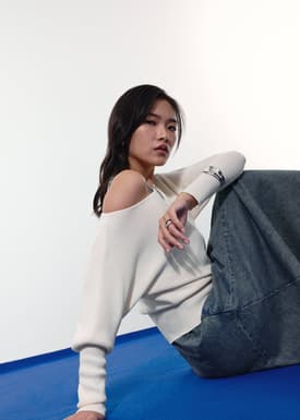 Knit Asymmetric Puff Sleeve Top